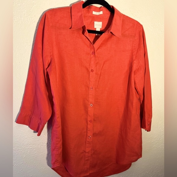 Chico's Tops - CHICO’S 100% Linen Tunic Red Blouse 3/4 Sleeve Breathable No-Iron Beach